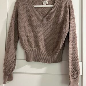 Hippie Rose Mauve Taupe V-Neck Textured Knit Sweater